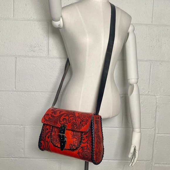 Vintage Orange Hand Tooled Leather Crossbody Bag - Picture 1 of 4